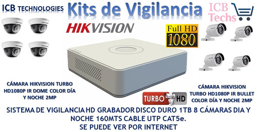 Sistema De Seguridad Hikvision 8 Cámaras Hd 1080p 1tb 160mts