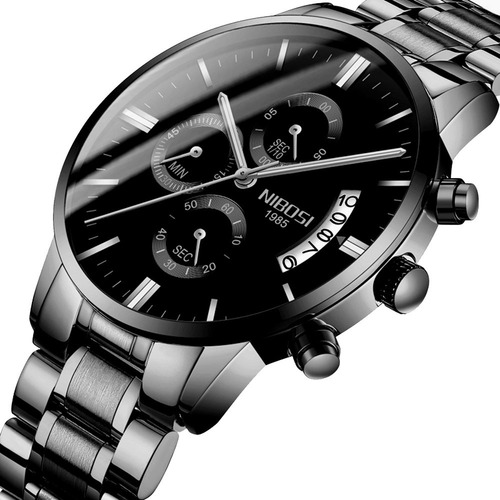 Imagen 1 de 6 de Reloj De Hombre Nibosi Negro Impermeable Con Cronógrafo