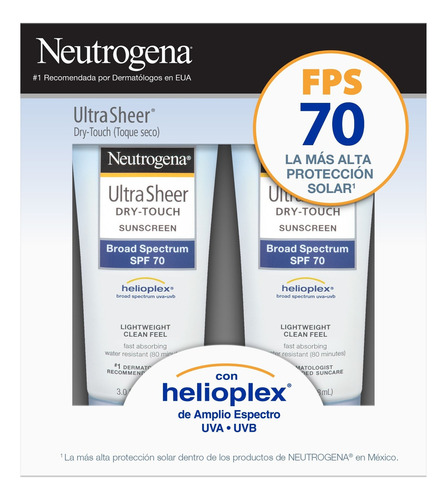 Protector solar Neutrogena FPS 70 Ultrasheer en crema 2 packs de 88 mL 0.18 kg