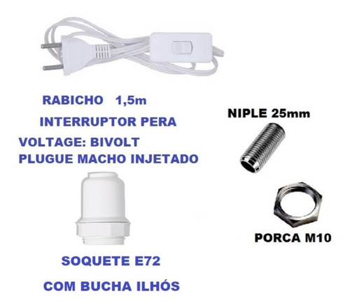 Cx 15 Rabicho 1,50m Soquete Niple Porca M10 110/220v Abajur