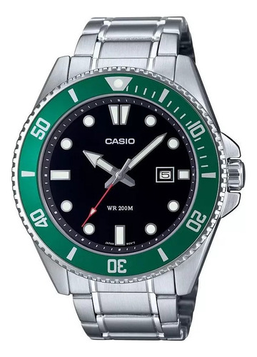 Relógio masculino Casio MDV-107d-3a analógico de 200 m em aço inoxidável, cor de malha, cor de moldura prateada, cor de fundo verde, cor de fundo, preto