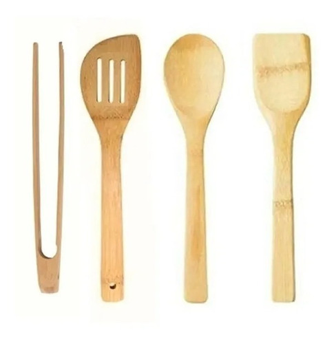 Set X4 Pzs Utensilios Madera Bambu Cocina Cuchara Espatula