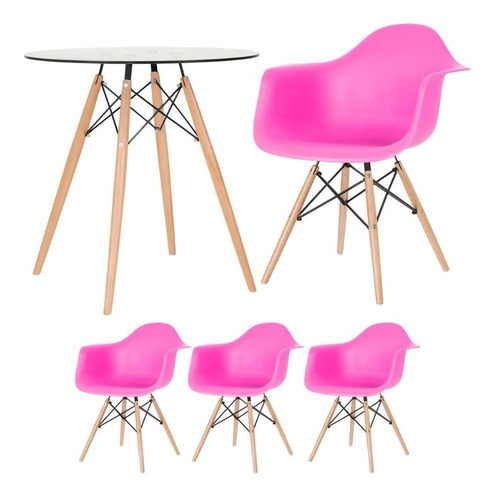 Mesa Redonda De Vidro Eames 70 Cm + 3 Cadeiras Eiffel Daw Cor Rosa