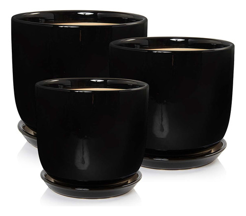 3 Vasos Cachepot Com Pratos Porcelana Preto Pozzani