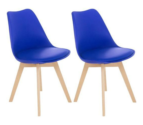 Kit 2 Cadeiras Estofada Leda Base Madeira Eames Cozinha Azul