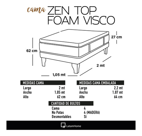 Cama Europea Zen Top Foam Visco Tela 1.5 Plazas
