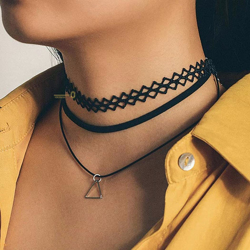 Collar Gargantilla Accesorios Mujer Negro Encaje Gotico 22pz