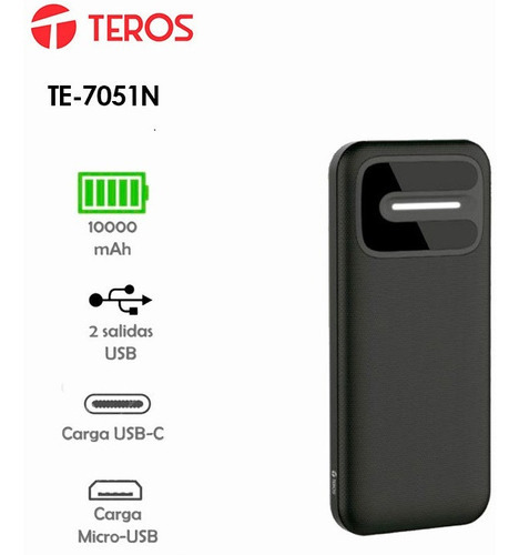 Batería Externa Recargable Teros 7051n Power Bank 10000 Mah Color Negro