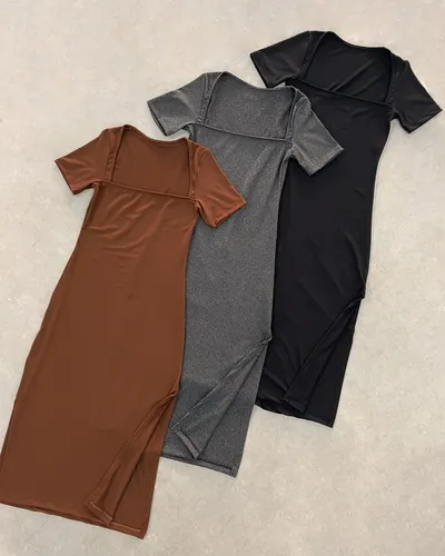 Vestido Midi Largo Con Tajo Mangas Cortas Elastizado Casual