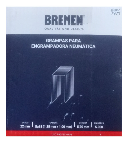 Grampas Para Engrampadora Neumatica 22mm 5000u Bremen 7971