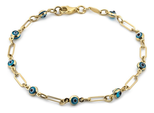 Pulsera Clip Ojitos Azules Oro Sólido 10k