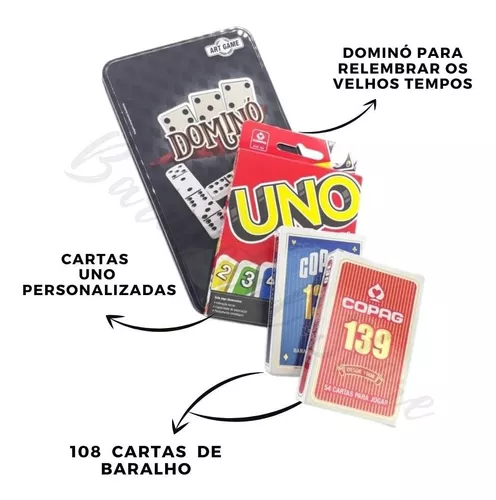 Kit 3 Jogos De Mesa Dominó + Uno + 2 Baralhos Cartas Truco