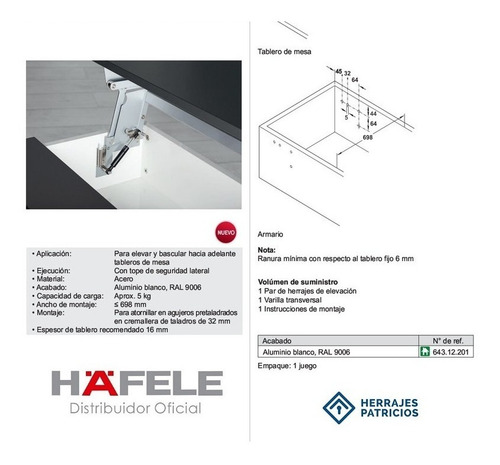 Imagen 3 de 5 de Herraje Elevador Mesa Rebatible Hafele 643.12.201 Tavoflex