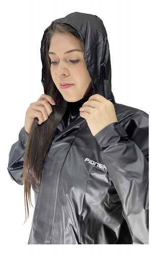 Conjunto Feminino Pioneira Motoqueiro Pvc Com Capuz Preto