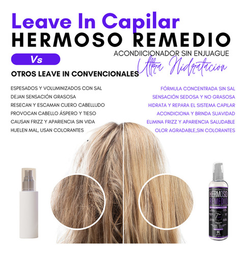 Leave In Capilar Acondicionador Sin Enjuague Tratamiento Cabello Maltratado Dañado 120 ml Hermoso Remedio ®