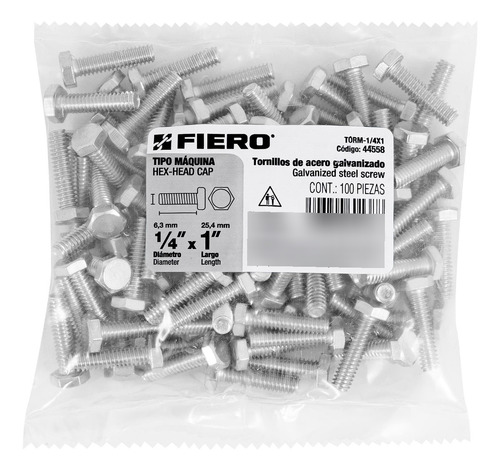 Tornillo Tipo Maquina 1/4 X 1´ Hexagonal Metal 100pz 44558