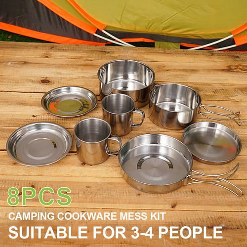 Camping Cookware Set: 8pcs Stainless Steel Pot & Pan For S