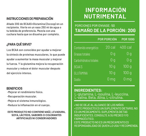 Aminoácidos Bcaas + Glutamina Natural Green 1kg Sabores Naranja