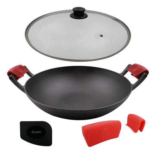 Wok Hierro Fundido 14  (pre Sazonado) Tapa Vidrio Para