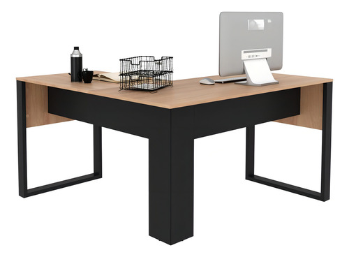 Mesa de esquina de oficina 136 cm Multifurniture Cr25263, color almendra y negro