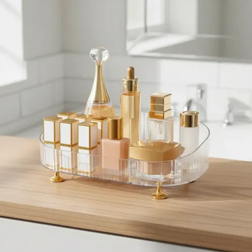 Bandeja Porta Maquiagem Organizador Perfume Cosméticos Cor Transparente E Pés Dourados
