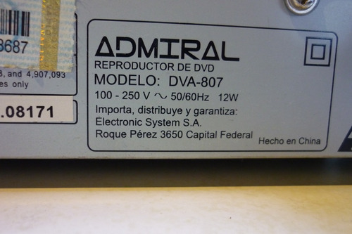 Reproductor De Dvd Admiral Dva-807 Para Reparar. Con Cables
