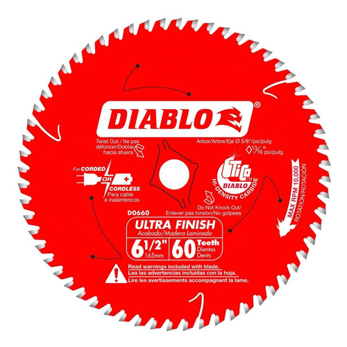 Disco Diablo Para Sierra Circular 6-1/2 60 Dientes D0660r Color Rojo