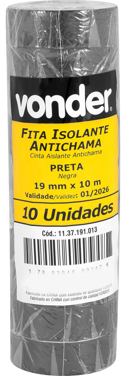 Kit 10 Fitas Isolante Antichama 19mm 10m Vonder 750v Cor Preto Liso