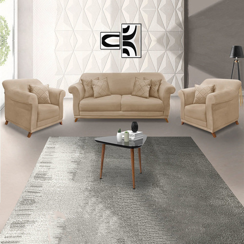 Kit Poltrona E Sofá Living 2 Lugares 1,60m Vênus Suede Bege