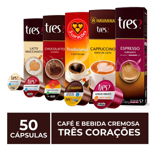 50 Cápsulas Três Corações, Café E Bebida Cremosa