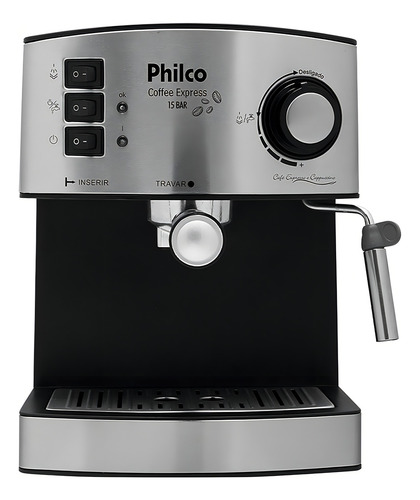 Cafetera Philco Coffee Express con filtro permanente de 15 bares, color negro y plateado,
