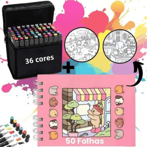 Kit Livro De Colorir + Canetinhas Touch 36 Cores Ponta Dupla