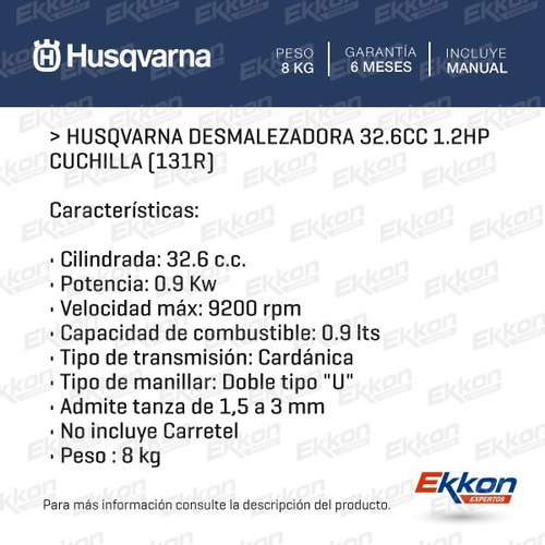Imagen 2 de 10 de Desmalezadora Husqvarna 32.6 Cc 1.2 Hp Cuchilla 131r