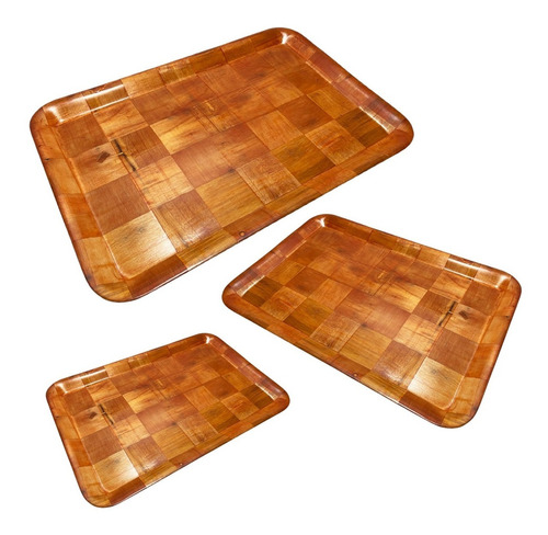 Set X3 Bandejas Rectangulares Mesa Damero Madera Laminada