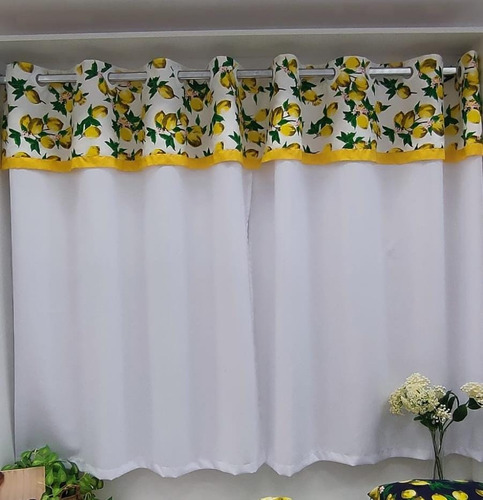 Cortina De Cozinha 3,00m X 1,20m Com Bandô Siciliano Branco Cor Amarelo