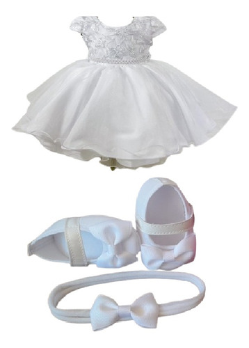 Vestido Batizado Branco Menina Infantil + Sapato Bebe + Laço