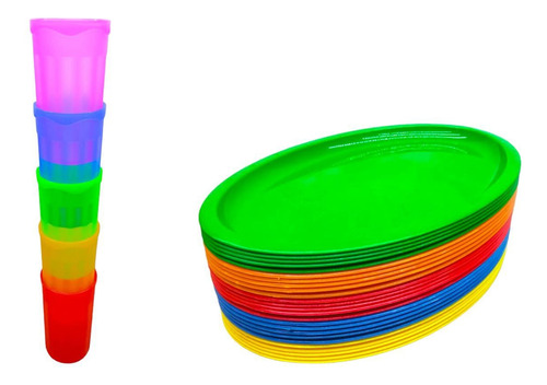 100 Platos Ovalados Tampiqueños +100 Vasos Plastico Colores