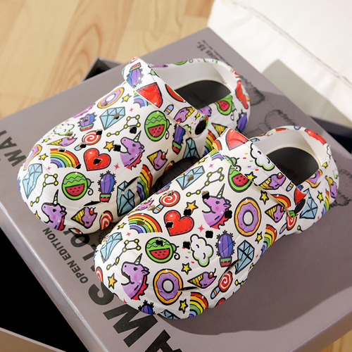Zapatillas Con Agujero Para Mujer Cartoon Doodle, Estilo Cor