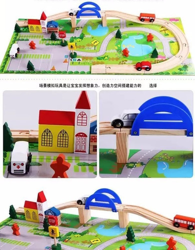 Pista De Madera Con Puente Para Autos Rail Overpass 40 Pzas