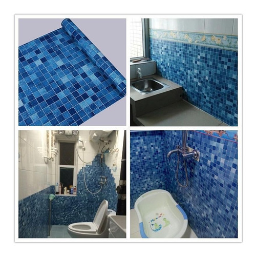 Papel Tapiz Autoadhesivo Diseño Mosaico Azul Cuadirtos Rollo