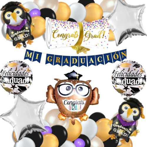 Kit De Globos Mylar Buho Graduación 35cm 52 Unidades