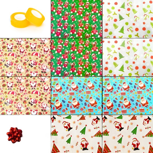 10 Papel Regalo Navidad Surtido+cinta+tarjeta+cinta Adhesiva