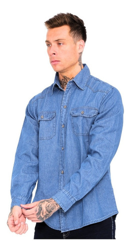 Camisa Jeans Básica Masculina Com Botão Manga Longa E Bolso