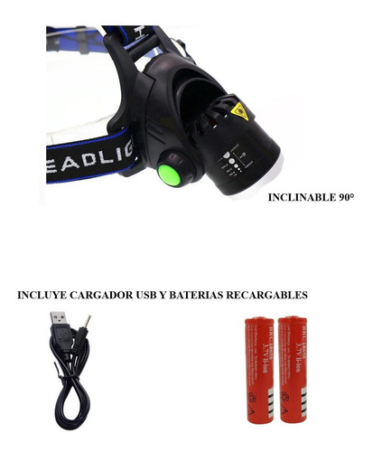 Imagen 5 de 10 de Linterna 1 Led Zoom Vincha Minero Cabeza Recargable Militar