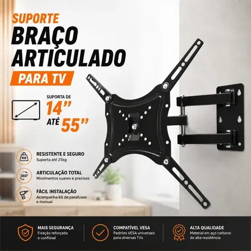Suporte Tv Tri Articulado Reforçado Para Parede 14 A 55 Preto