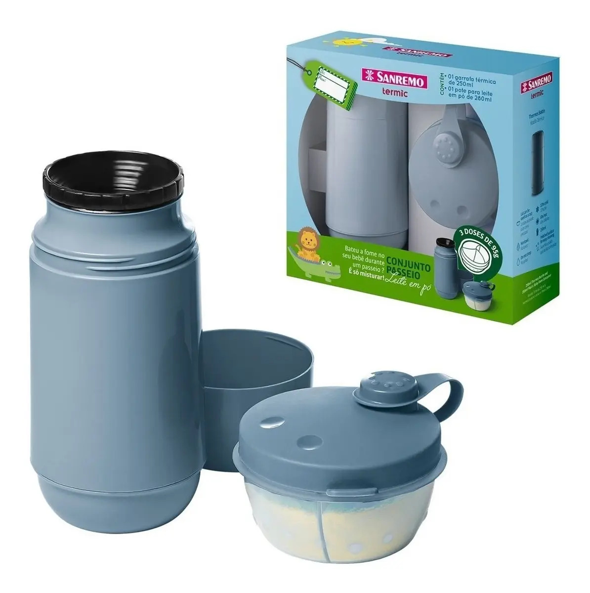 Conjunto Passeio Garrafa 250ml + Pote Para Leite Em Po Azul Bebê Sanremo