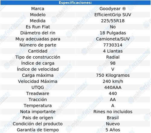 Kit De 4 Llantas 225/55r18 98v Goodyear Efficientgrip Suv