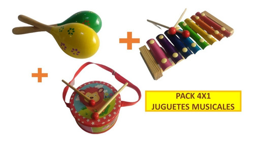 Set Musical Juguete Madera Tambor + Xilófono + Maracas