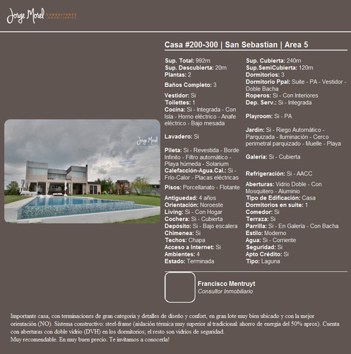 Casa Laguna #200-300 - San Sebastian - Area 5 - 240m2 #id 1047
