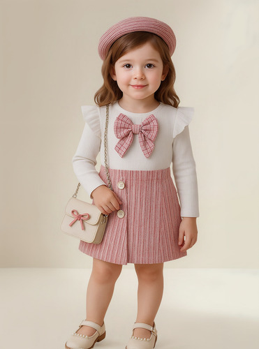 Conjunto Infantil Menina Com Boina Outono Rosa
